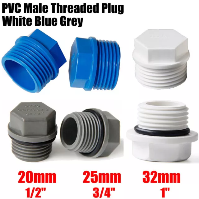 PVC Male Threaded Plug 1/2" 3/4" 1"  BSP Pressure Pipe Fitting White/Grey/Blue