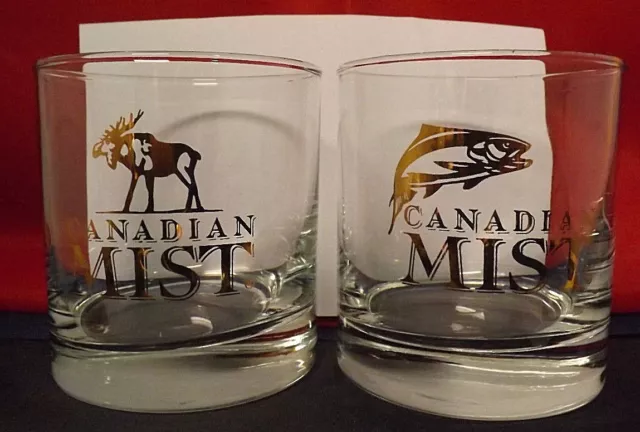 Canadian Mist Rye Whiskey Glasses. Set of 4 Gold Transfer. 2 Moose & 2 Salmon