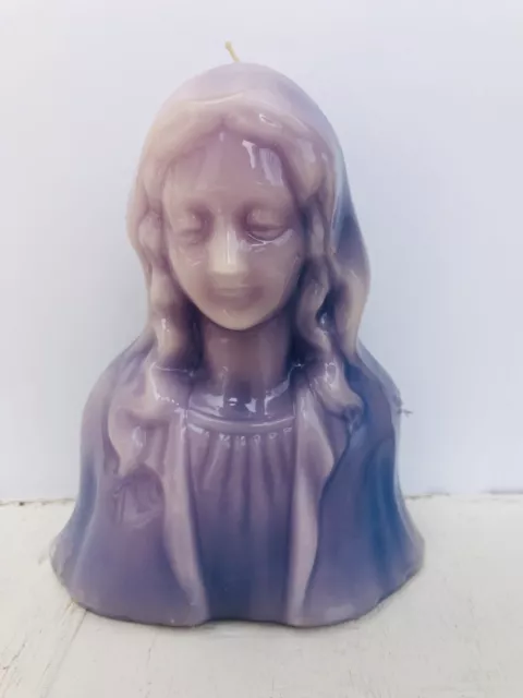 Religious Virgin Mary Madonna Wax Candle 7.5" tall Blue/Purple Lavender Unused