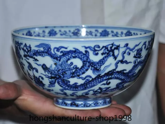 7.2'' Marked Chinese Blue&white porcelain dragon loong statue Tea cup Bowl Bowls