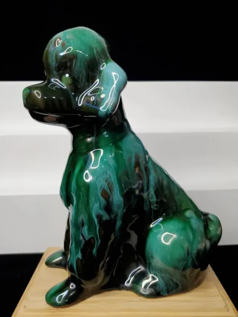 Vintage Redware Pottery Poodle Dog Green & Black Color Drip Glaze Minor Flaw