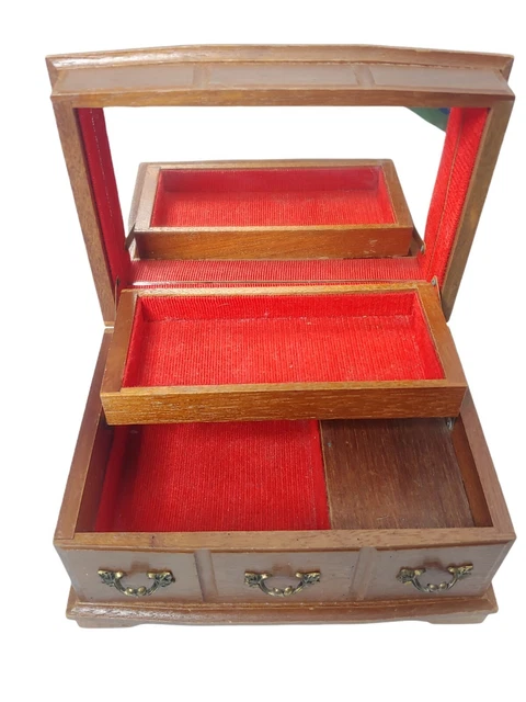 Vintage Wooden Jewelry Music Box 8.5" Hinged 2 Level Corduroy Lined Raindrops