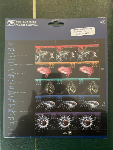 SFSTAMPS US Scott 3439-3443 DEEP SEA CREATURES Sheet of 15 Stamps NH 2000 SEALED
