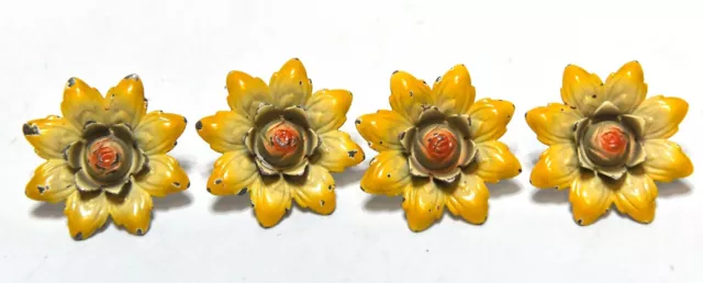 4 Vintage Yellow Metal Flower Curtain Pin Backs Tie Backs Push Pins