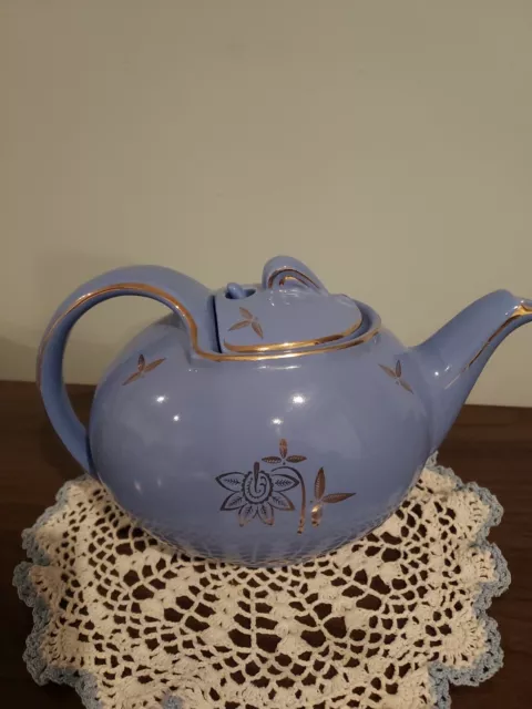 Halls Vintage 6 Cup 0749 Blue Gold Teapot Cadet Blue Hooked Lid Gorgeous 1940'S 2