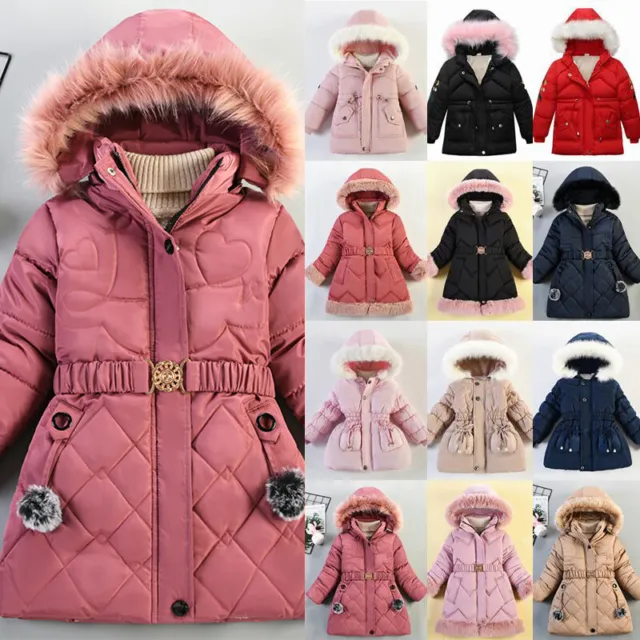 Kids Girls Quilted Puffer Jacket Faux Fur Hooded Winter Warm Parka Coat Outwear