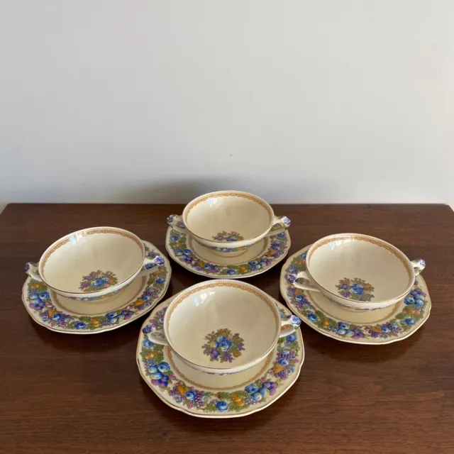 SET of 4 Crown Ducal England FLORENTINE 1954 Cream Soup Handled Bowl w Saucer