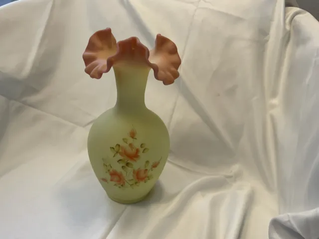 Fenton Burmese Vase Pink Ruffled Rim & Hand Painted Roses Signed