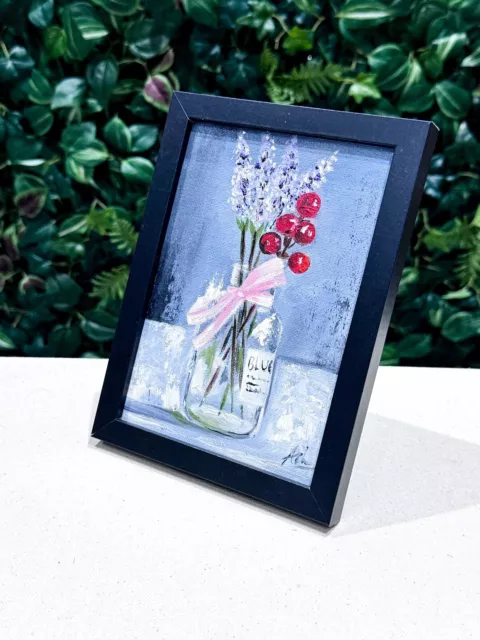 Blumenvase Original Ölgemälde - gerahmt Blumen Wohnkultur Beeren in Glas Kunst 2