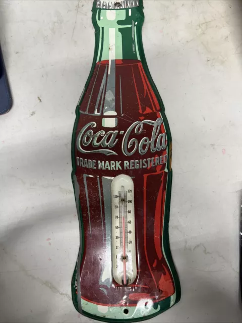 Coca-Cola Figural Soda Bottle Tin Thermometer Sign