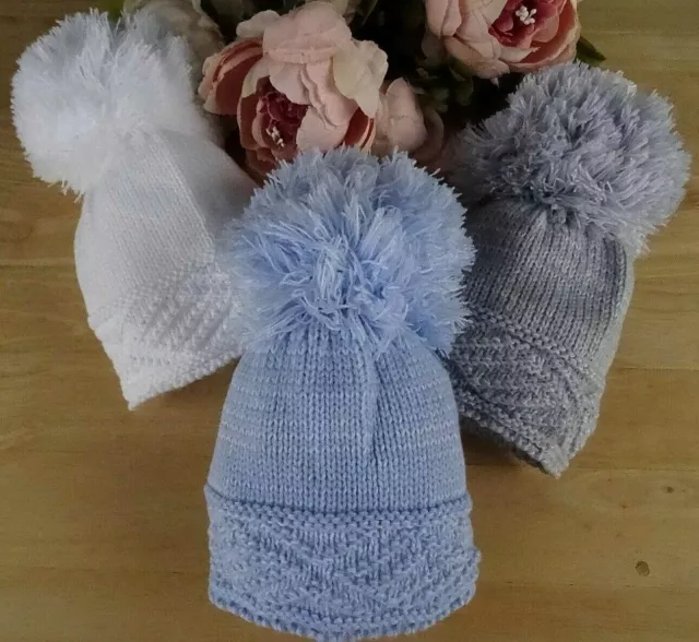 Baby Winter Hat Warm Boy Girl Large Pom Pom White Blue Grey Knitted Diamond 0 3m