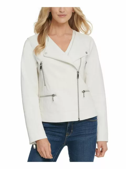 NWT DKNY Womens Ivory Faux Leather Motorcycle Jacket M