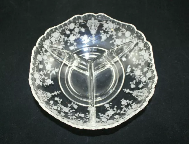 Vintage Cambridge-Rose Point Etched Crystal Divided Relish / Candy Dish 3-part