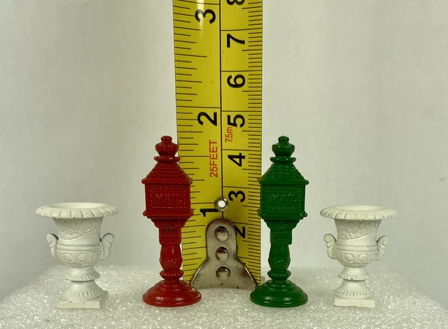Two MINIATURE Cast Iron Mailboxes (1 Red & 1 Green) and Two White Flower-Pots