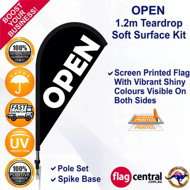 OPEN Black 1.2m Teardrop Flag/Banner Kit with Spike *UV Protected *Promotional