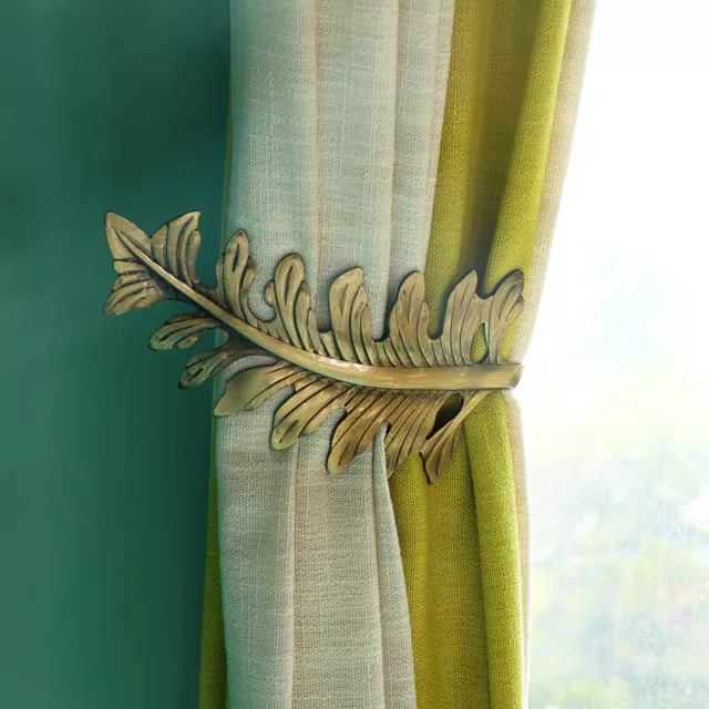 2PC Leaf Curtain Tie Back Hold Backs Holder Brass Tassel Hooks Gold Bronze Decor