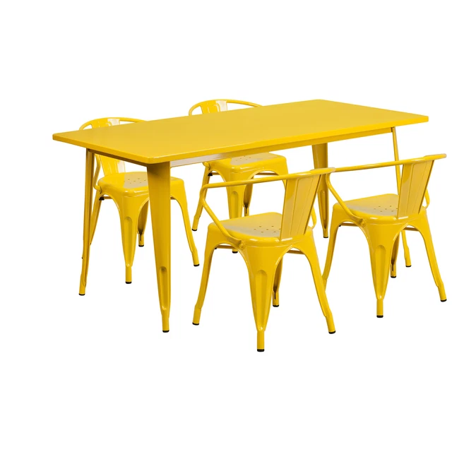 Flash Furniture 31.5inWx63inL Rectangular Metal Table Set w/4 Armchairs Yellow