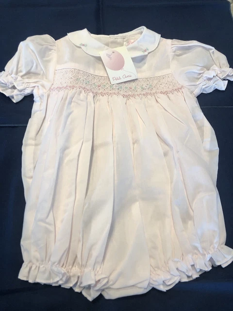 PETIT AMI 3mo Baby Girl Pink Collared Smocked/Embroidered Bubble Romper Outfit.