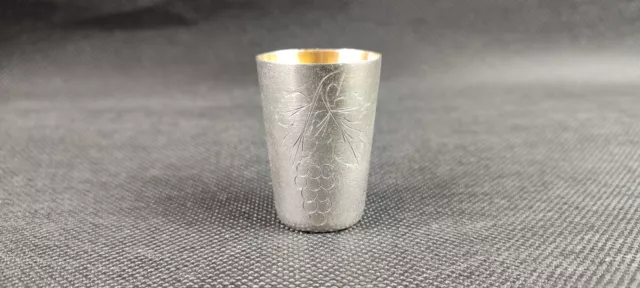 Vintage Russian 875 Fine Silver Vodka Cordial Cup Shot Hand Engraved Gold Gilt