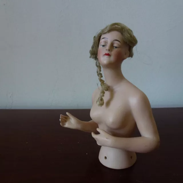 Ancien Rare Demi Figurine Half Doll Bisque Poupée Perruque Porcelaine Biscuit