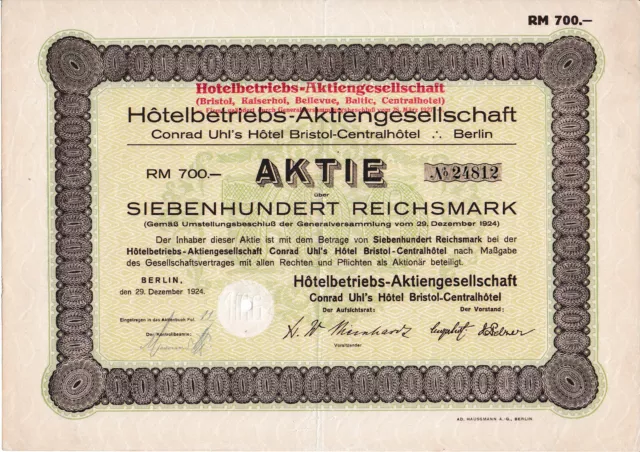 Letztes Lot 4 x Kempinski Hotelbetriebs AG Uhl's Hotel Berlin Aktie 1924 Bahrein