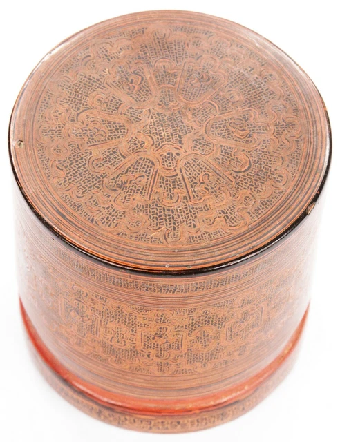 Antique Vintage Burmese Red Lacquer Box Container Burma SE Asian Cylindrical Old 2