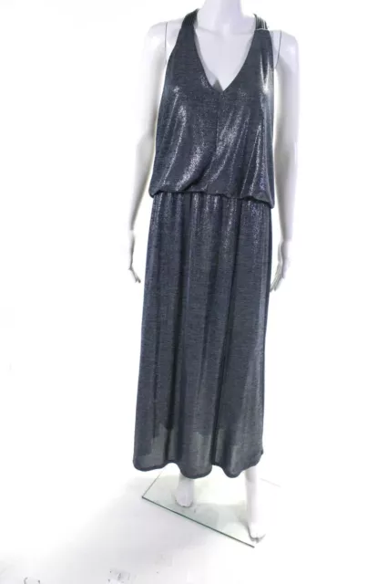 Ella Moss Womens Sleeveless Strappy V Neck Metallic Knit Maxi Dress Gray Medium