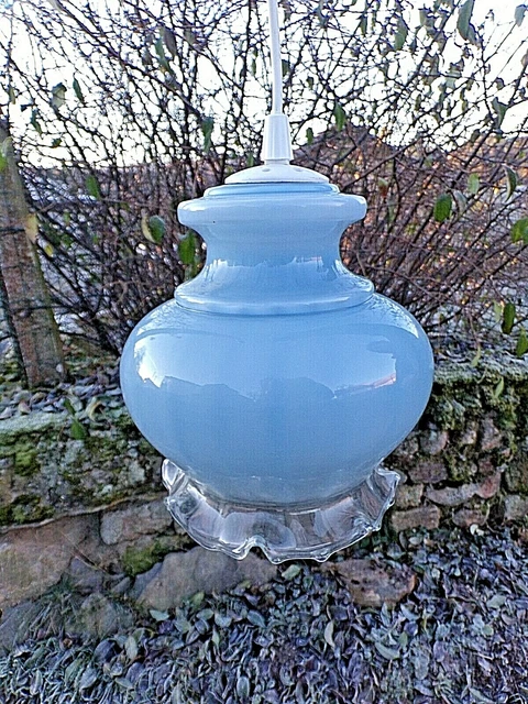 Grosse Suspension Ancienne Globe En Verre Opaline Avec Décor Paysage Soleil Ciel