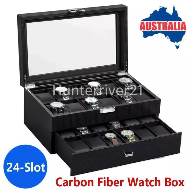 Double Layer Luxury 24-Slot Carbon Fiber Watch Box with Drawer Display Organizer