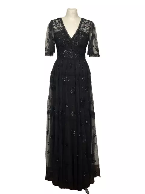 NEEDLE & THREAD black gown LONG MAXI DRESS sequin lace tulle UK8 US4 ...
