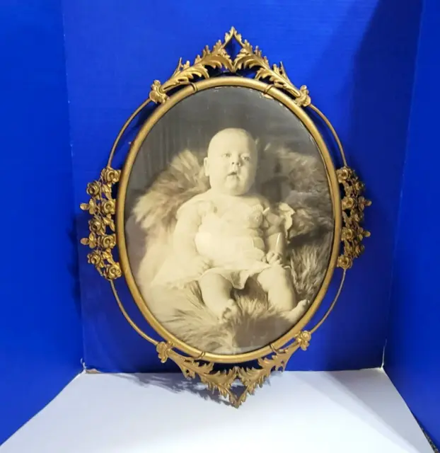 Large Antique Gold Oval Frame Ornate Rose Filigree with Baby Picture