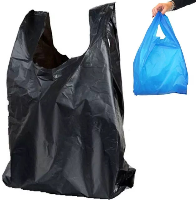Black or Blue Plastic Carrier Bags Strong Medium Vest Shops Stalls Supermarkets