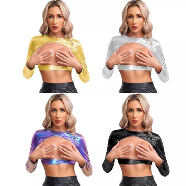 Womens Tee Round Neck Crop Top Metallic Shirt Leather Bodycon Performance Rave