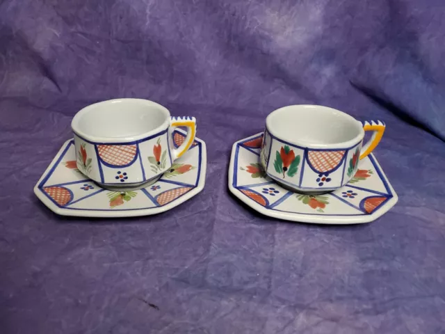 Vintage HB Quimper France Cups & Saucers Set of 2 Octagon Pottery Coffee Tea EUC