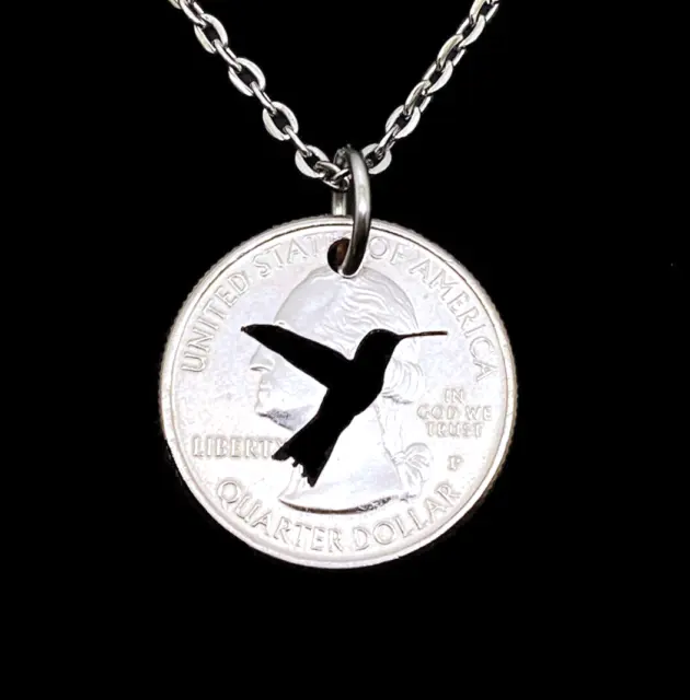 Handmade Hummingbird Pendant Necklace or Keychain Cut in a US Quarter Coin