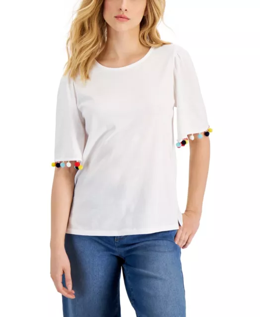 MSRP $50 Charter Club Women Pom-Pom Sleeve T-Shirt White Size Large