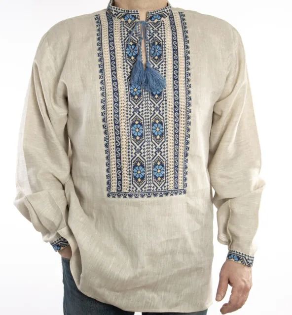 Ukrainian VYSHYVANKA mens beige linen hand blue Embroidery SHIRT Wedding S-4XL