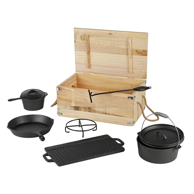 7tlg. Dutch Oven Gusseisen Kochtopf Set in Holzkiste Feuerkessel Feuertopf