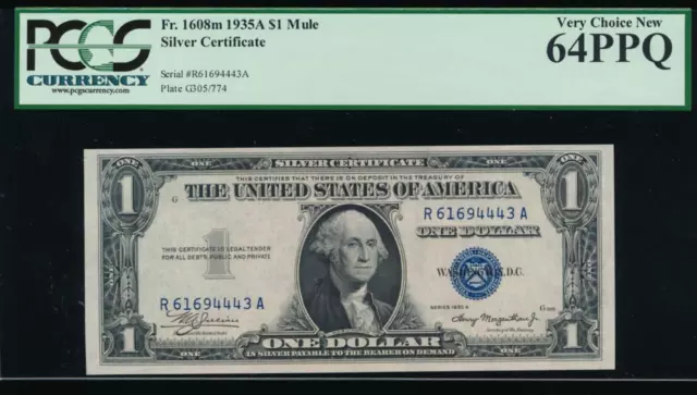 AC 1935A $1 Silver Certificate PCGS 64 PPQ R-A block MULE Fr 1608m