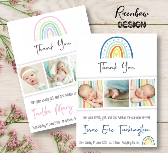 10 Personalised Photo New Baby Thank You Cards / Rainbow Announcement Notes