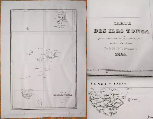 1834 Dumont d'Urville Engraved Map ~ Carte des Iles TONGA ~ Tongatapu ~Polynesia
