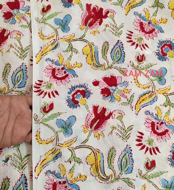 Tissu de coton imprimé à la main indien Tissu de voile artisanal floral par...