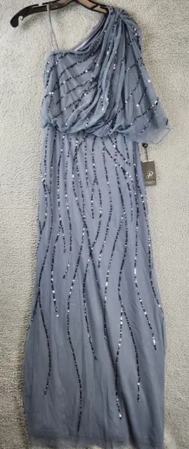 ADRIANNA PAPELL Beaded One-shoulder Dress Women's 0 Dusty Blue Side-zip Closure~