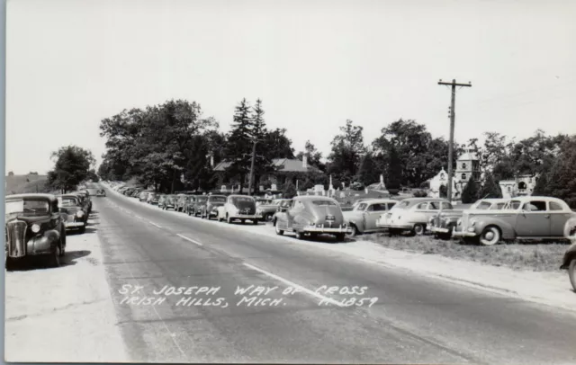 1940s St Joseph Way of Cross Irish Hills Michigan Old Cars RPPC Photo Postcard