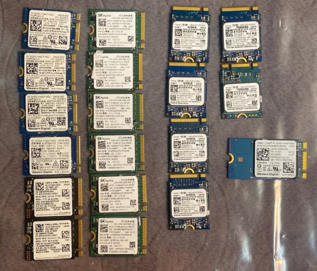 LOT OF 19 MIXED BRANDS Toshiba, Samsung, Western Digital PC SN520 NVMe 256GB SSD