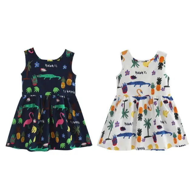 fr Summer Cartoon Print Casual Sleeveless Kid Girls Cotton Bowknot Decor Dress