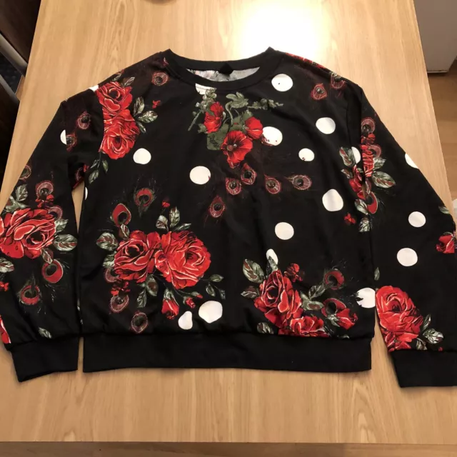 Shein Woman Black Sweatshirt Red Floral Long Sleeves Top Size 12 Eur 40 Top