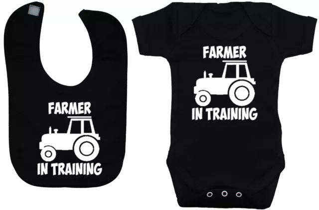 Farmer in Training Babygrow Romper & Feeding Bib 0-24m Boy Girl Gift Tractor