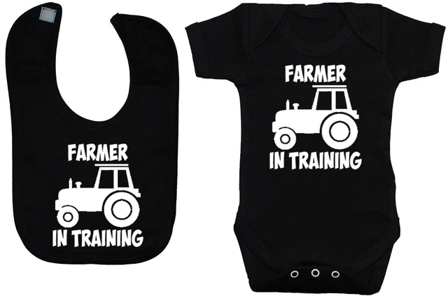 Farmer in Training Babygrow Romper & Feeding Bib 0-24m Boy Girl Gift Tractor
