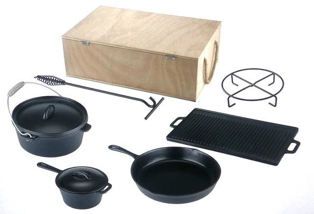 TH Dutch Oven Set in Holzkiste Feuertopf Grillplatte BBQ Camping